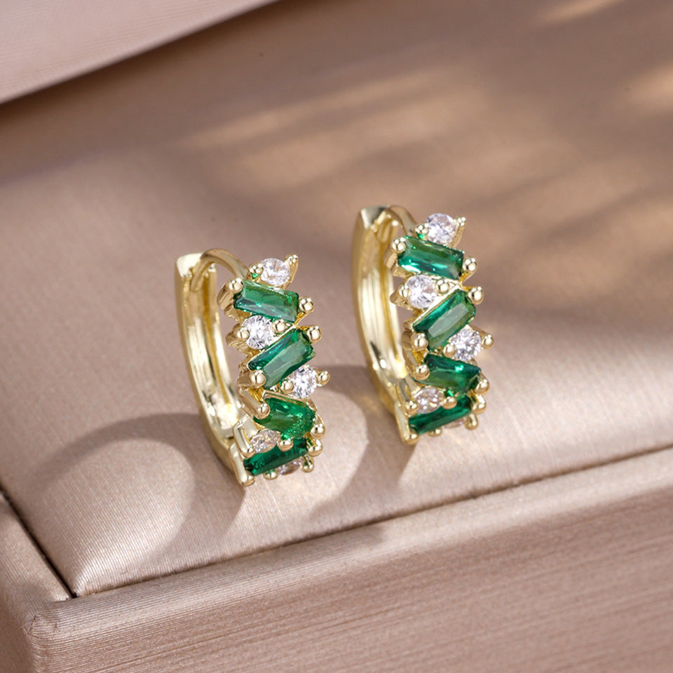 Boucles d'oreilles Femmes Emerald-Tone Baguette CZ Huggie Hoop