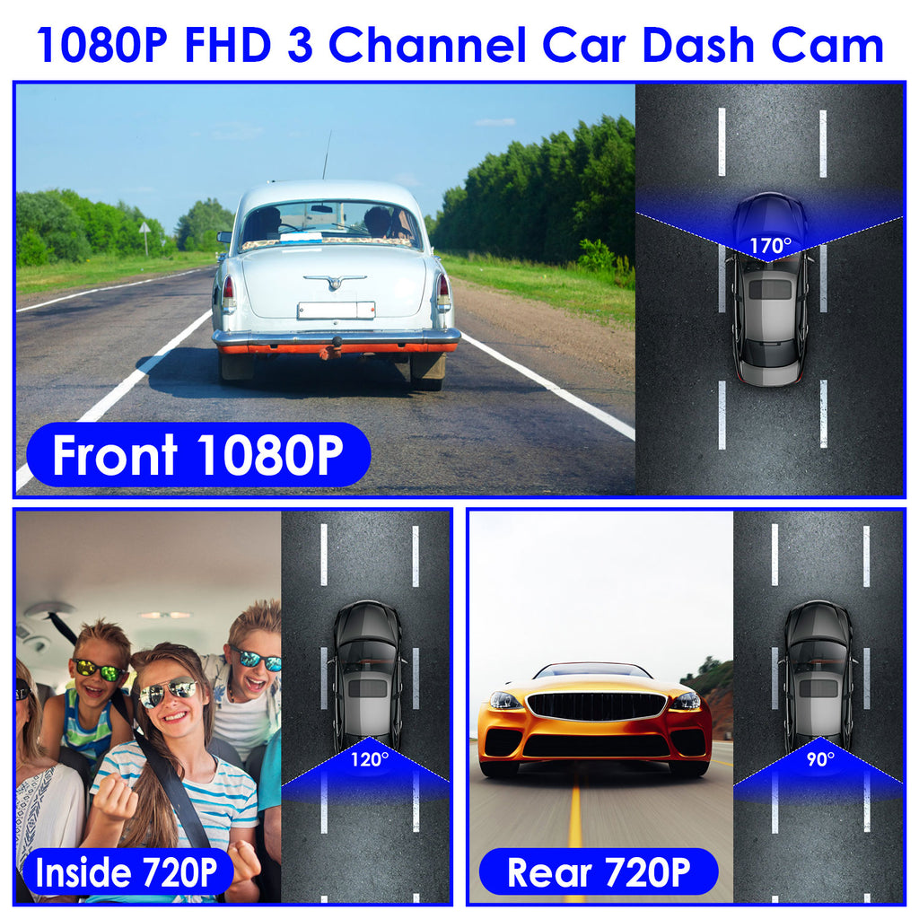 1Pc WiFi FHD 1080P voiture Dash Cam 3 canaux arrière avant caméra de Dash intérieur avec boucle Recordi
