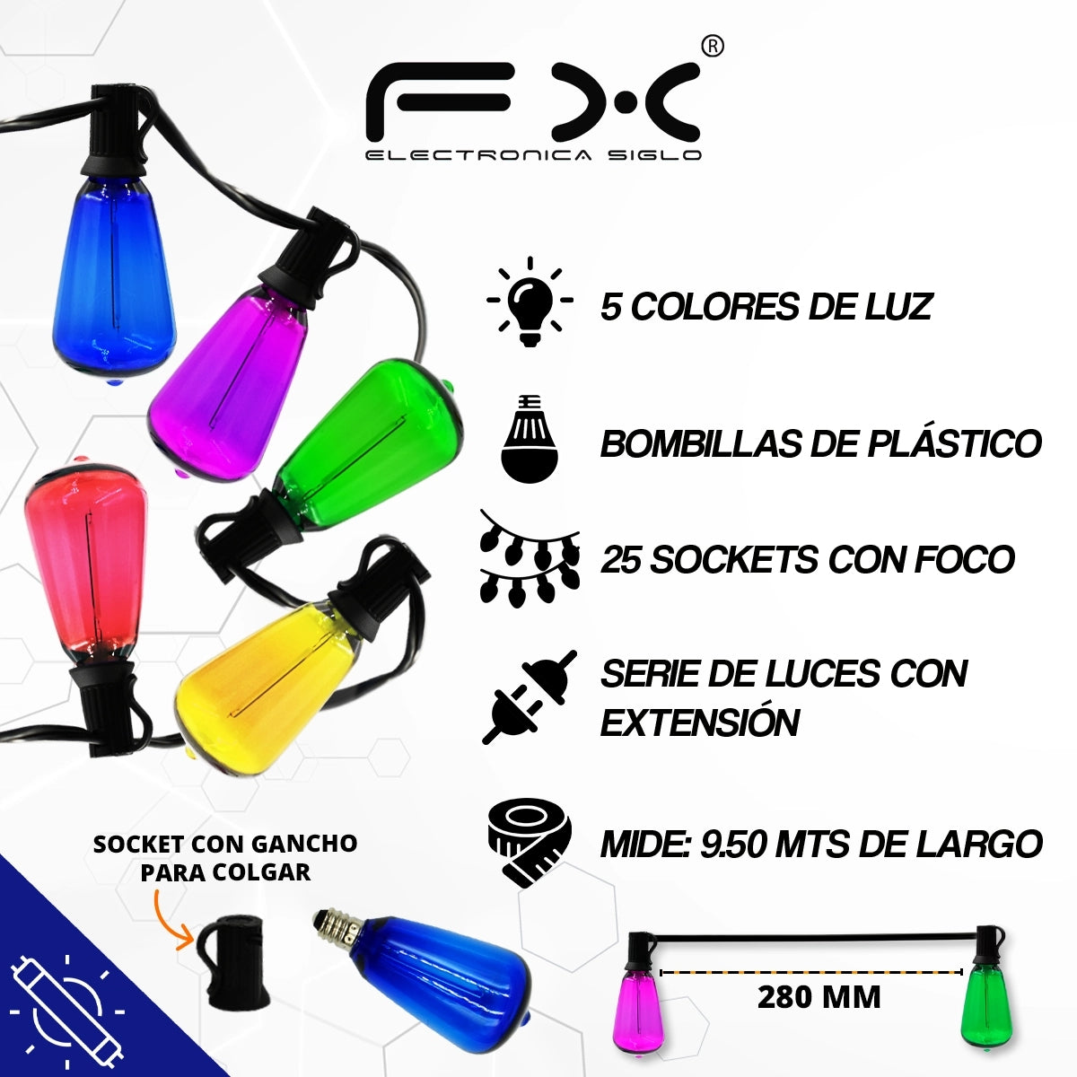 Ampoule en plastique cinq couleurs chaîne de lumière décorative avec prise 25 lumières 9,5m