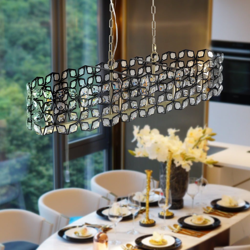 Lustre de 39" en cristal contemporain et pendentif en or noir – Fixation de lumière moderne géométrique