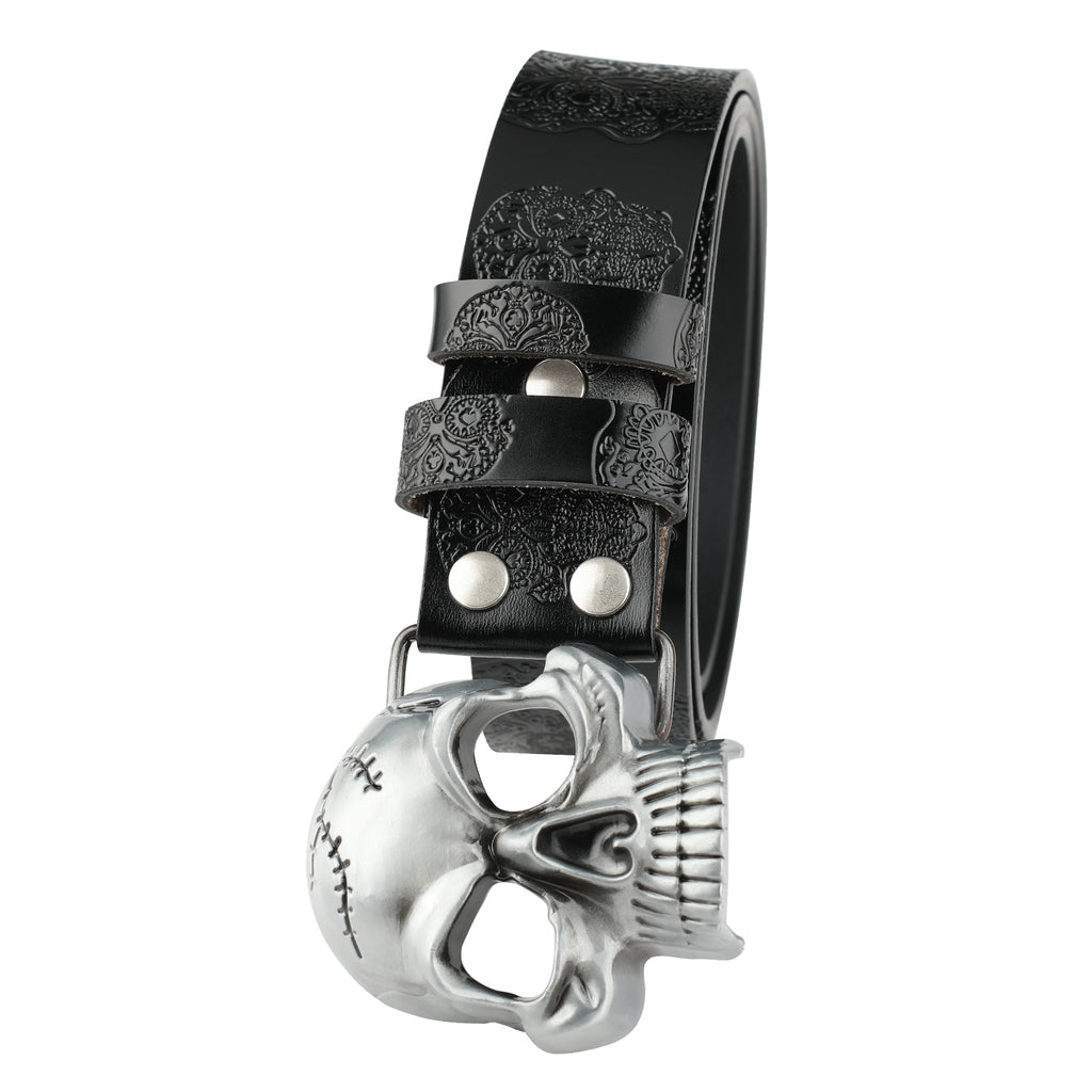Ceinture en cuir avec tête de fantôme embossée et boucle de crâne lisse