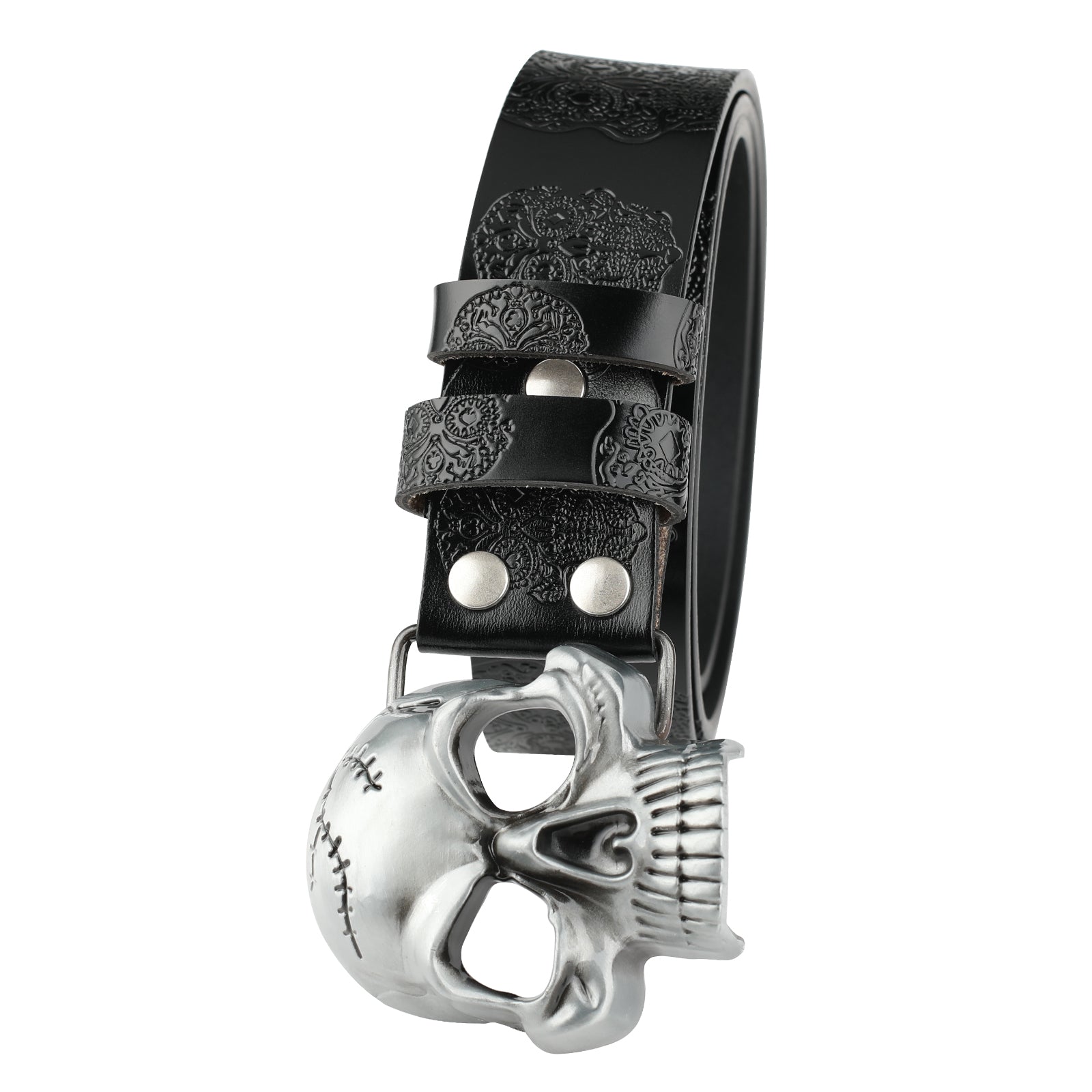 Ceinture en cuir avec tête de fantôme embossée et boucle de crâne lisse