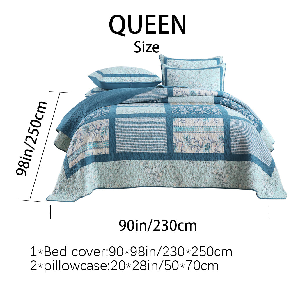 90x98 & 98x106 3 pièces Teal Blue Patchwork Comforter Set Paisley Floral Stripe Print