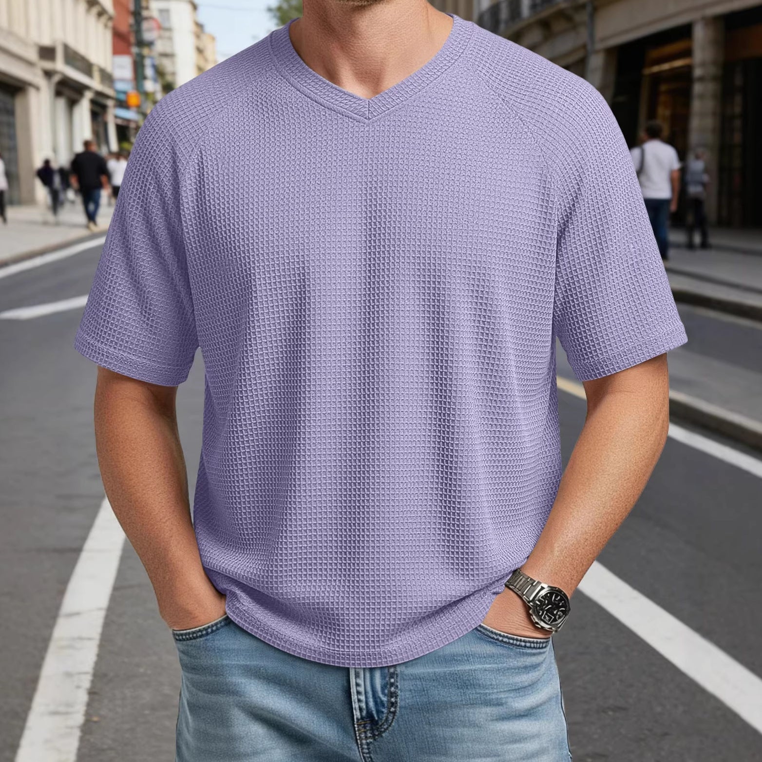 T-Shirt en tricot à manches courtes Raglan col V pour hommes