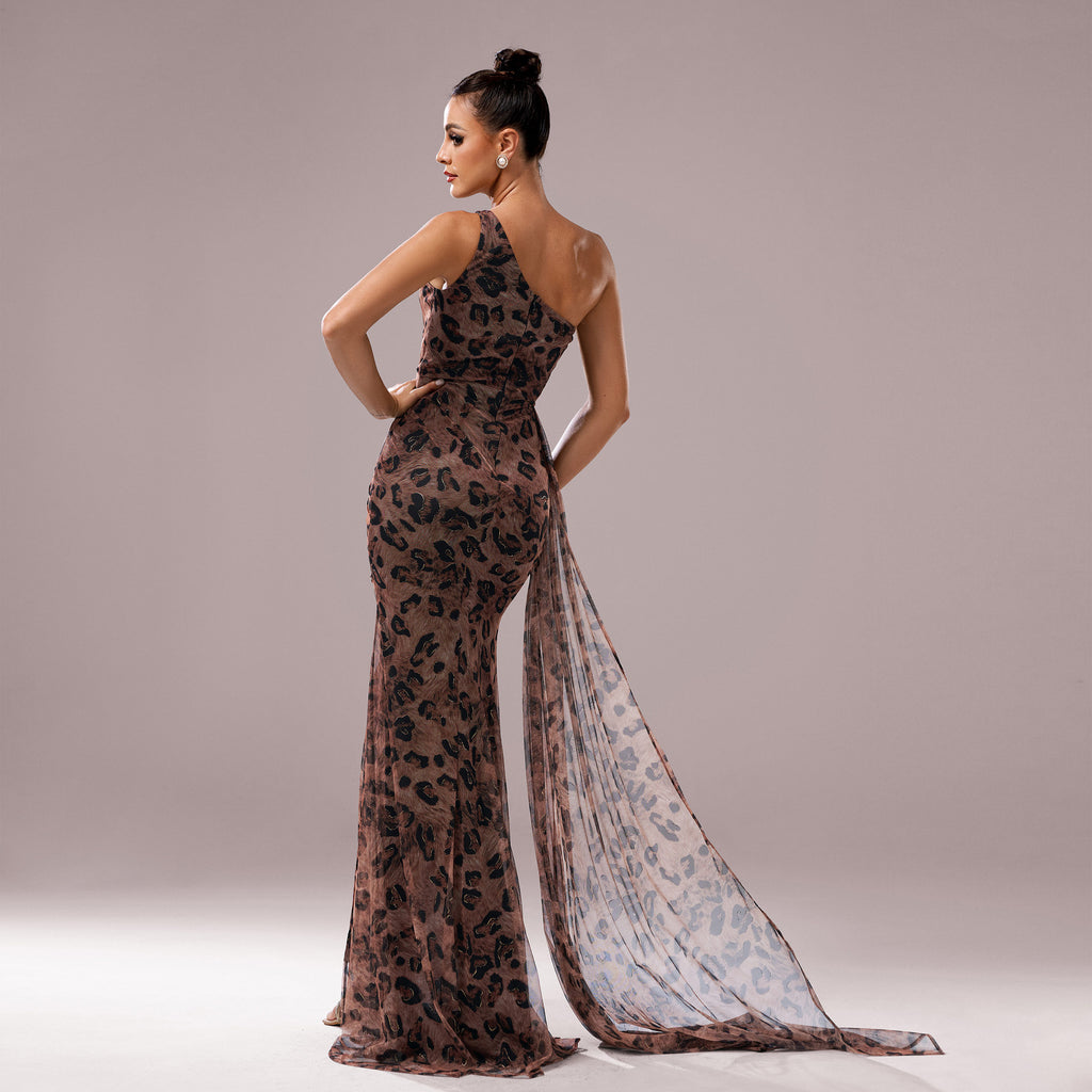 Une épaule Collier Diagonal Leopard Robe de Soirée Paillée