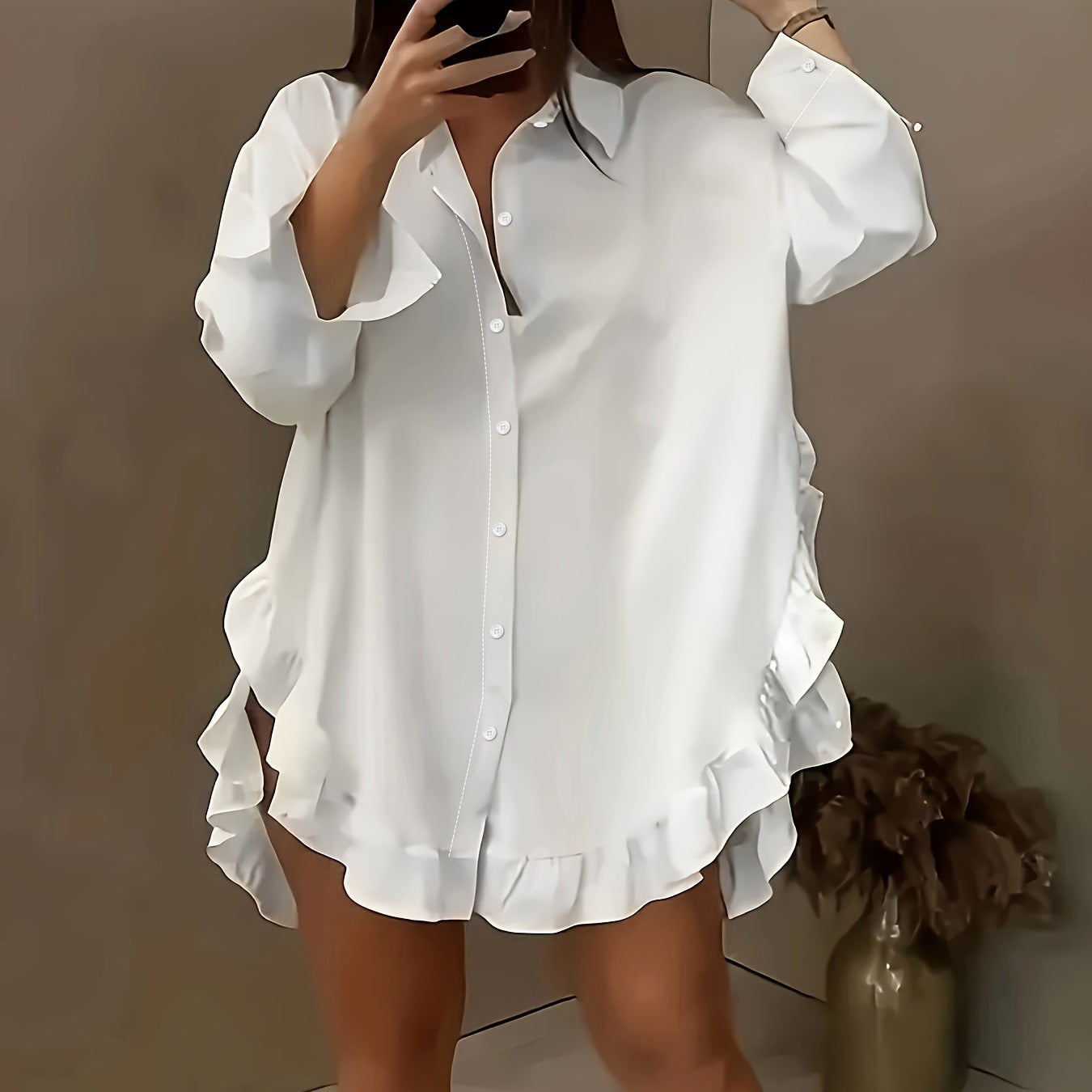 Chemise à l'ourlet de feuille de lotus en couleur solide pour femmes