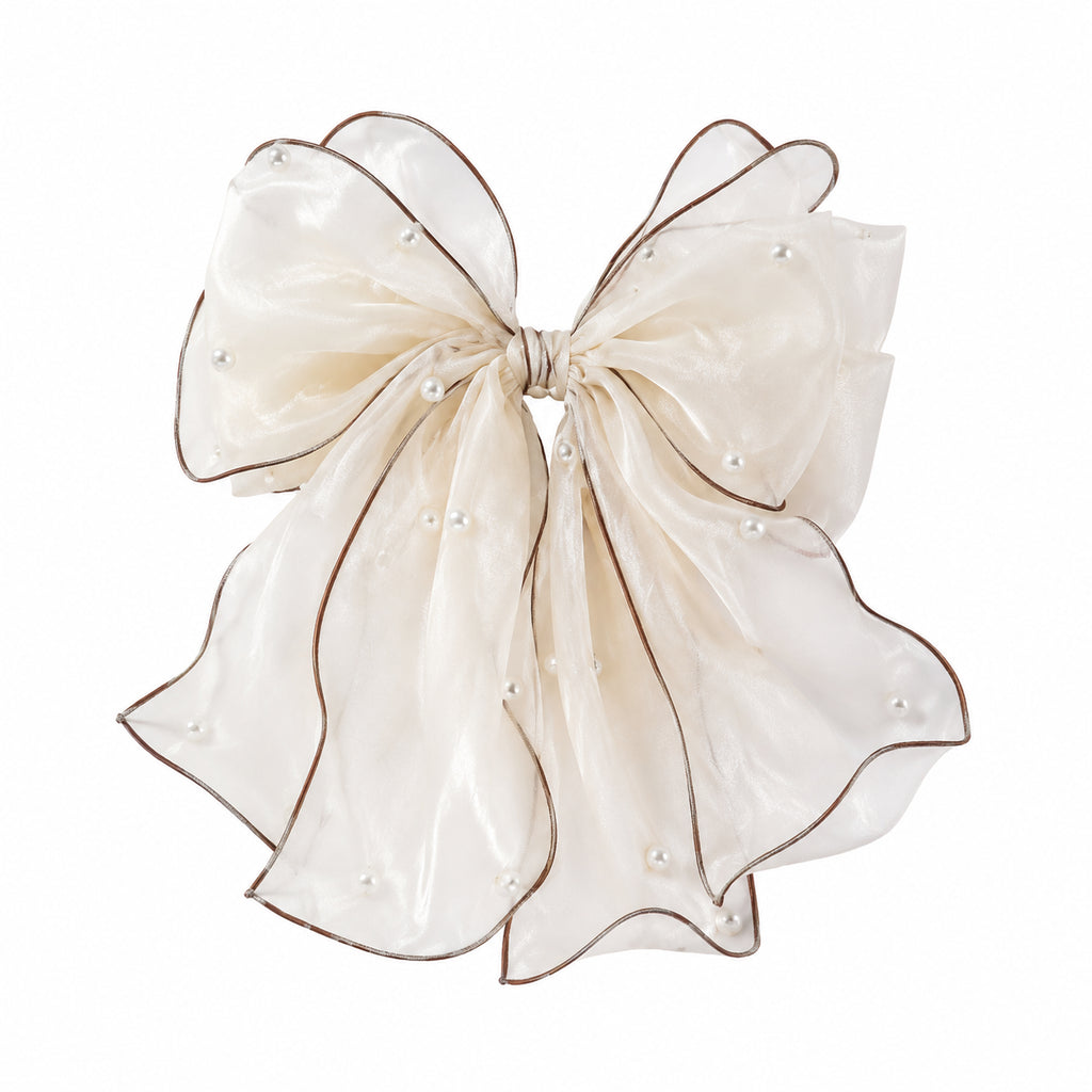 Perle Fil de Neige Large Bow Clip pour cheveux - Accessoire pour cheveux de queue de cheval demi-haut pour femmes auto-épic