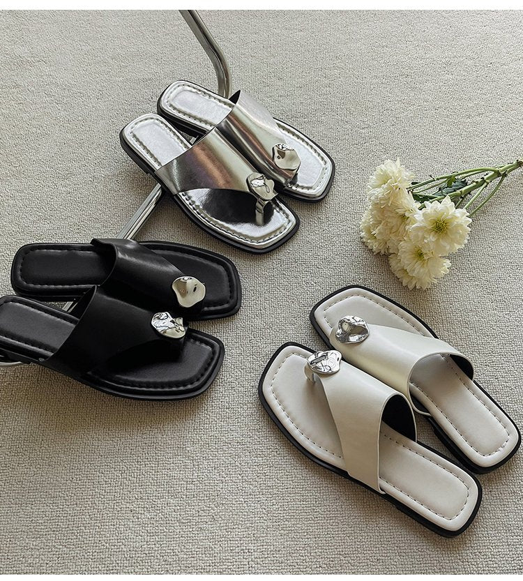 Femmes Minimalist Irrégulier métal Buckle Square Toe String Sandales coulissantes