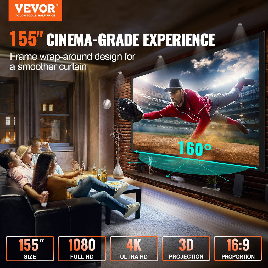 Écran de projecteur Cadre fixe 155inch Écran de projecteur 16:9 4K écran de film HD mur monté