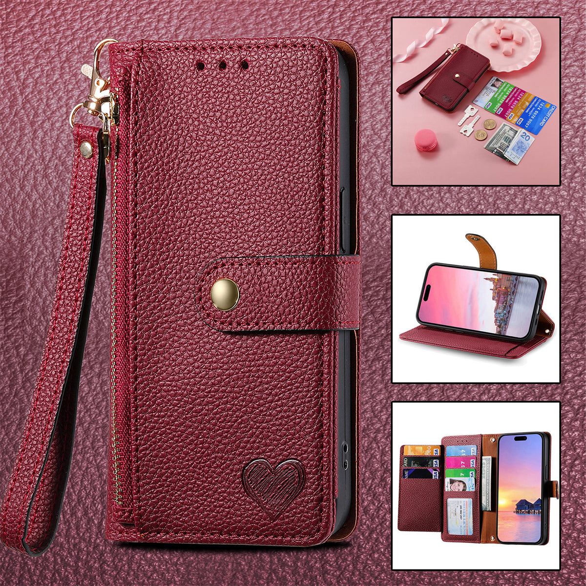 Love Sleeve PU Litchi Motif RFID antivol Lanyard Coque téléphonique