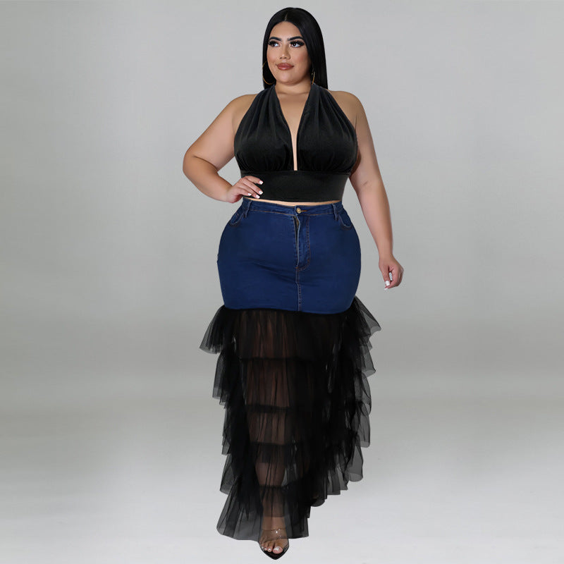 218187 L'Europe et les États-Unis Grande taille Laver les femmes Denim Mesh Sexy Jupe Amazon