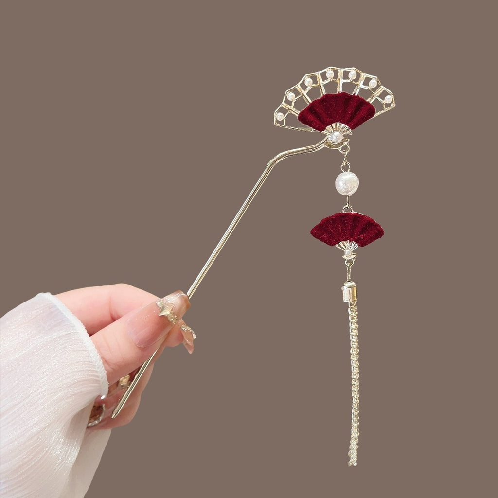 AutumnWinter Flocked Red Flower Hair Stick for Women Ma Mian Style