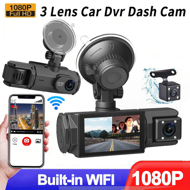 HD 1080p Enregistreur de conduite Trois lentilles Même affichage avec l'image réversible Téléphone mobile WIFI C
