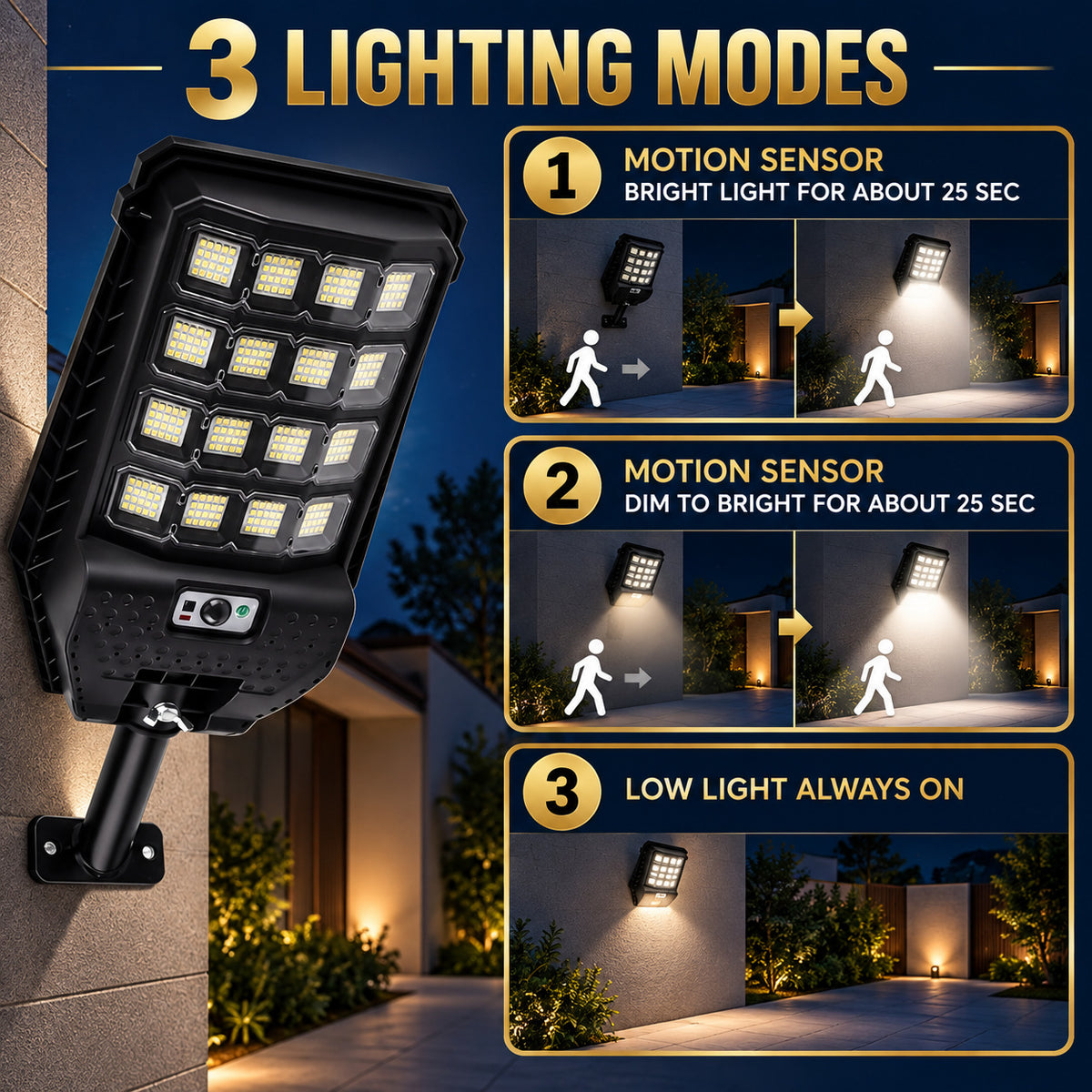 Solar Powered Motion Sensor Outdoor Light W7207 4 Noir pour Garden Yard Street Wall LED