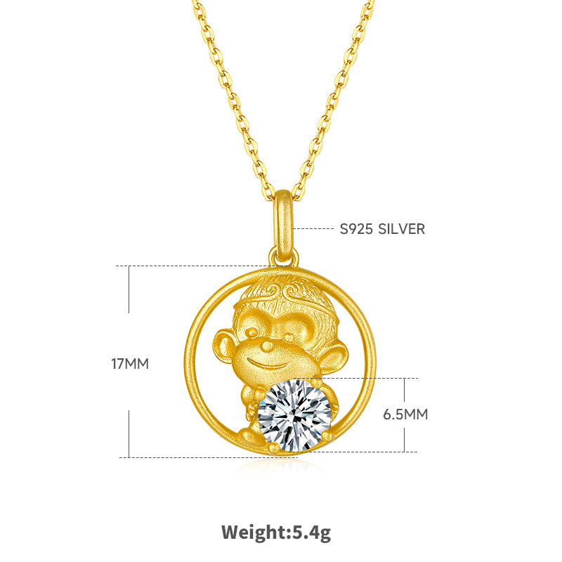 S925 Argent Sterling plaqué or 1ct D Couleur VVS1 Moissanite Collier Singe 5.4g Chinois