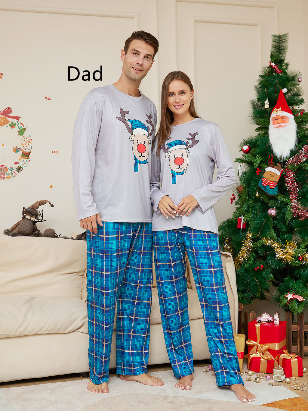 Pyjama à manches longues, tête bleue de cerf de Noël