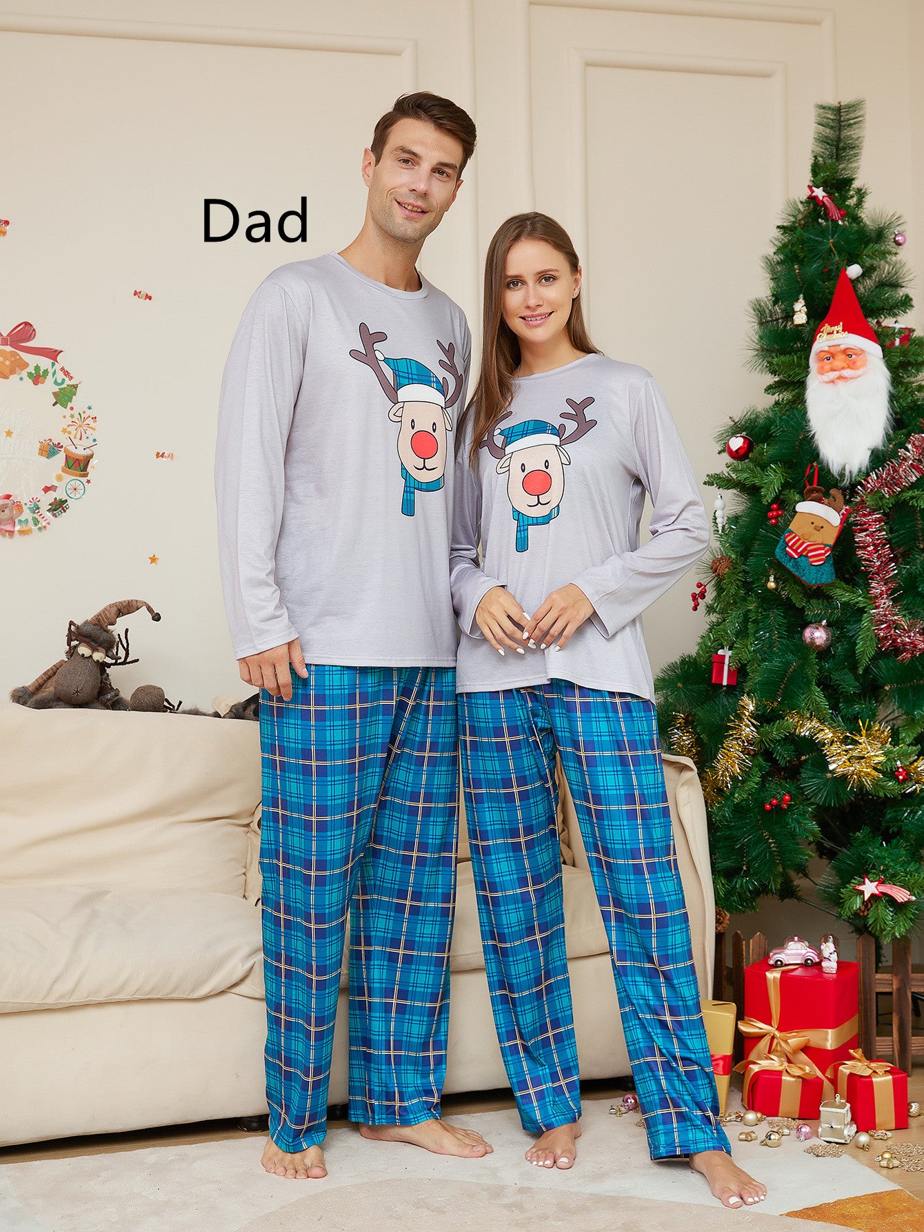 Pyjama à manches longues, tête bleue de cerf de Noël