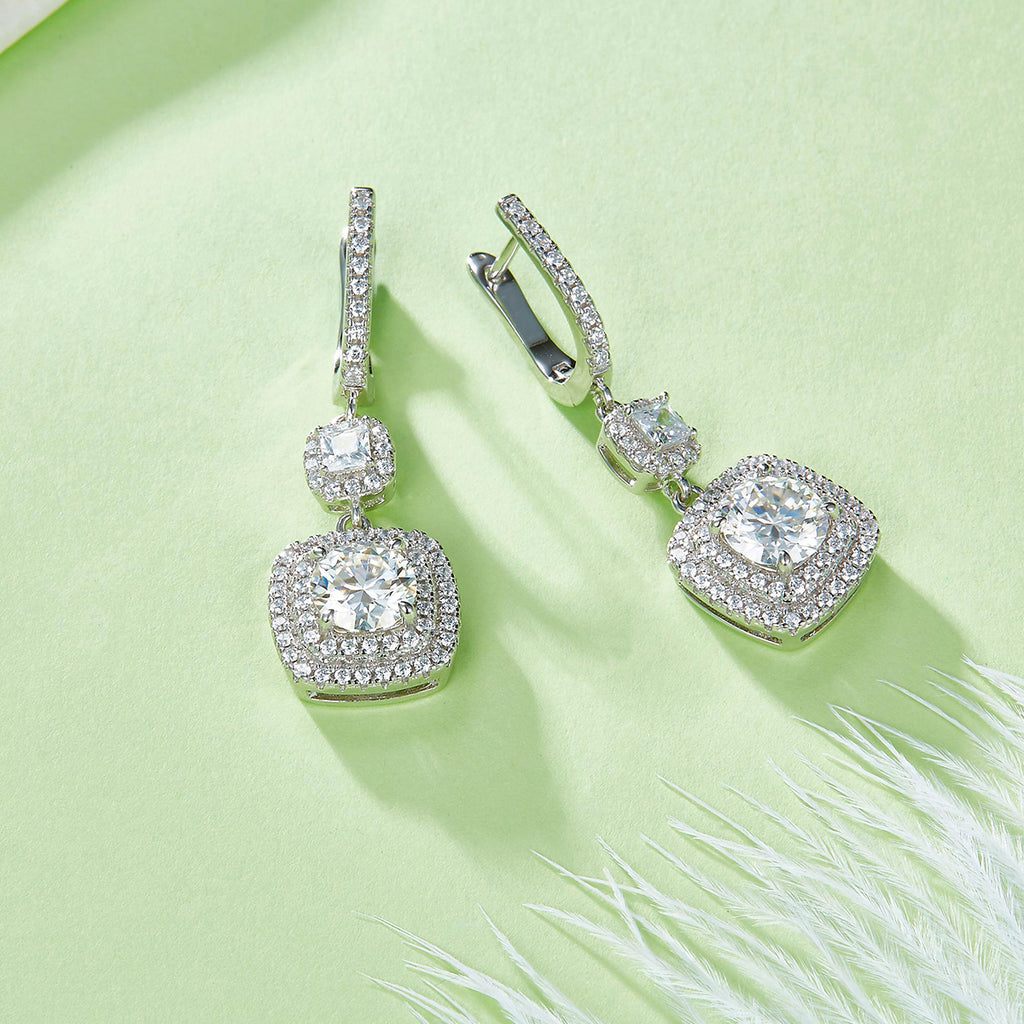 S925 Sterling Silver Double Halo Drop Cushion Cut Earrings