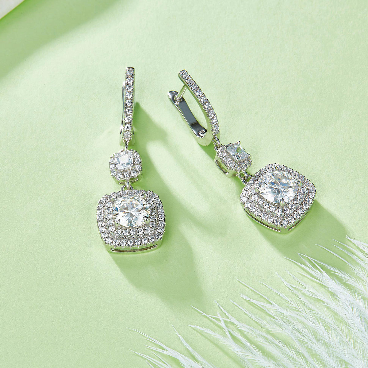 S925 Sterling Silver Double Halo Drop Cushion Cut Earrings
