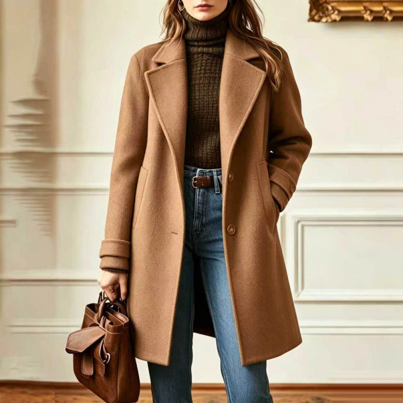 Élégant manteau de laine de couleur unie Midi-longueur avec un lapel