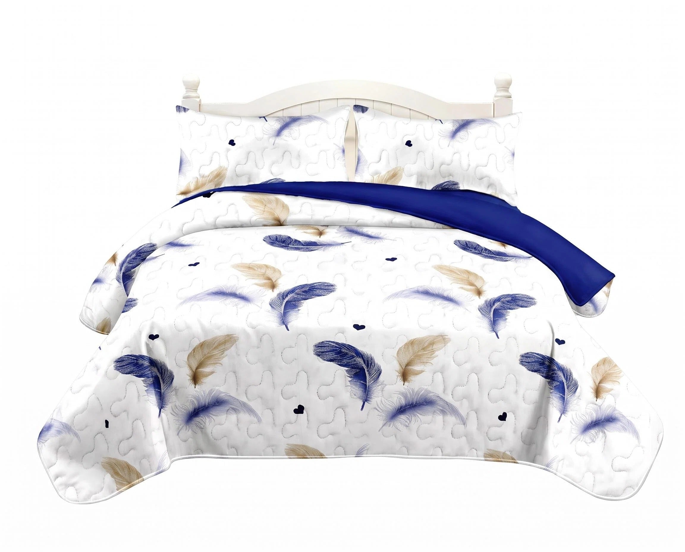 3 pièces blanc or et bleu plume lit couvre-couche pour roi et roi de Californie