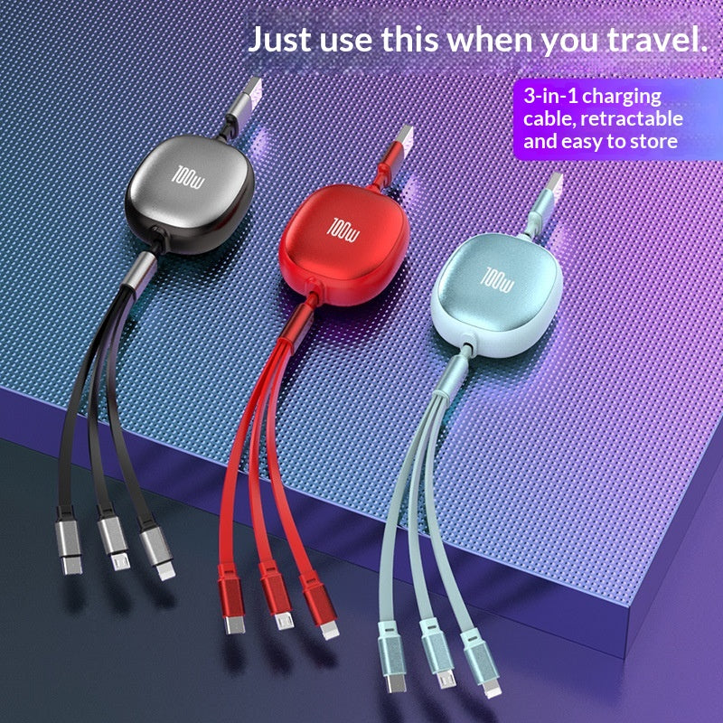 Solid Color Minimalist Retractable 3-in-1 Fast Charging Data Cable