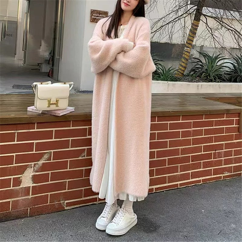 Épaisseur Mink-faux fourrure sur la cheville Long tricot Cardigan manteau