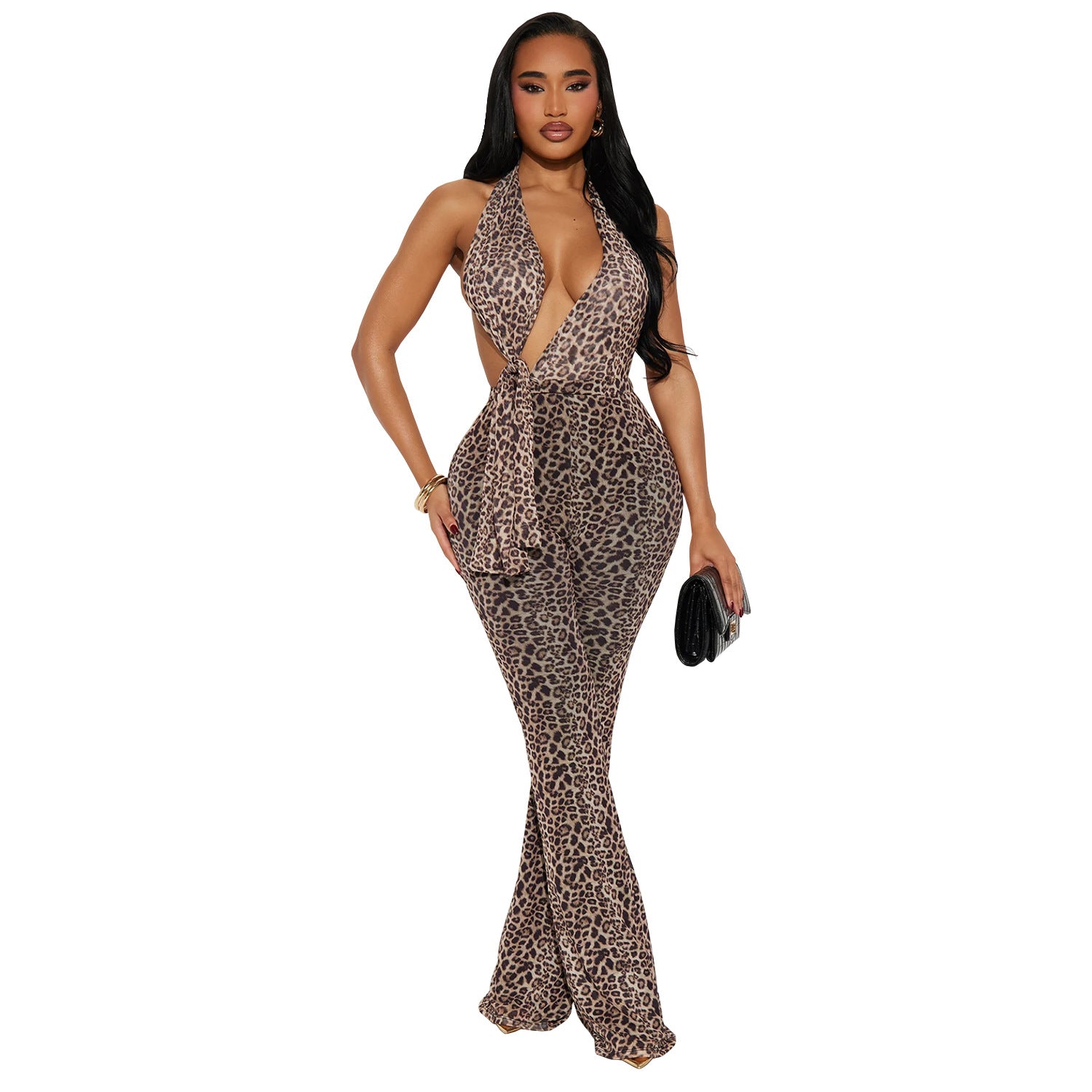 La mode européenne et américaine Sexy Leopard Femme Imprimer Halterneck Arm-Covering Jumpsuit