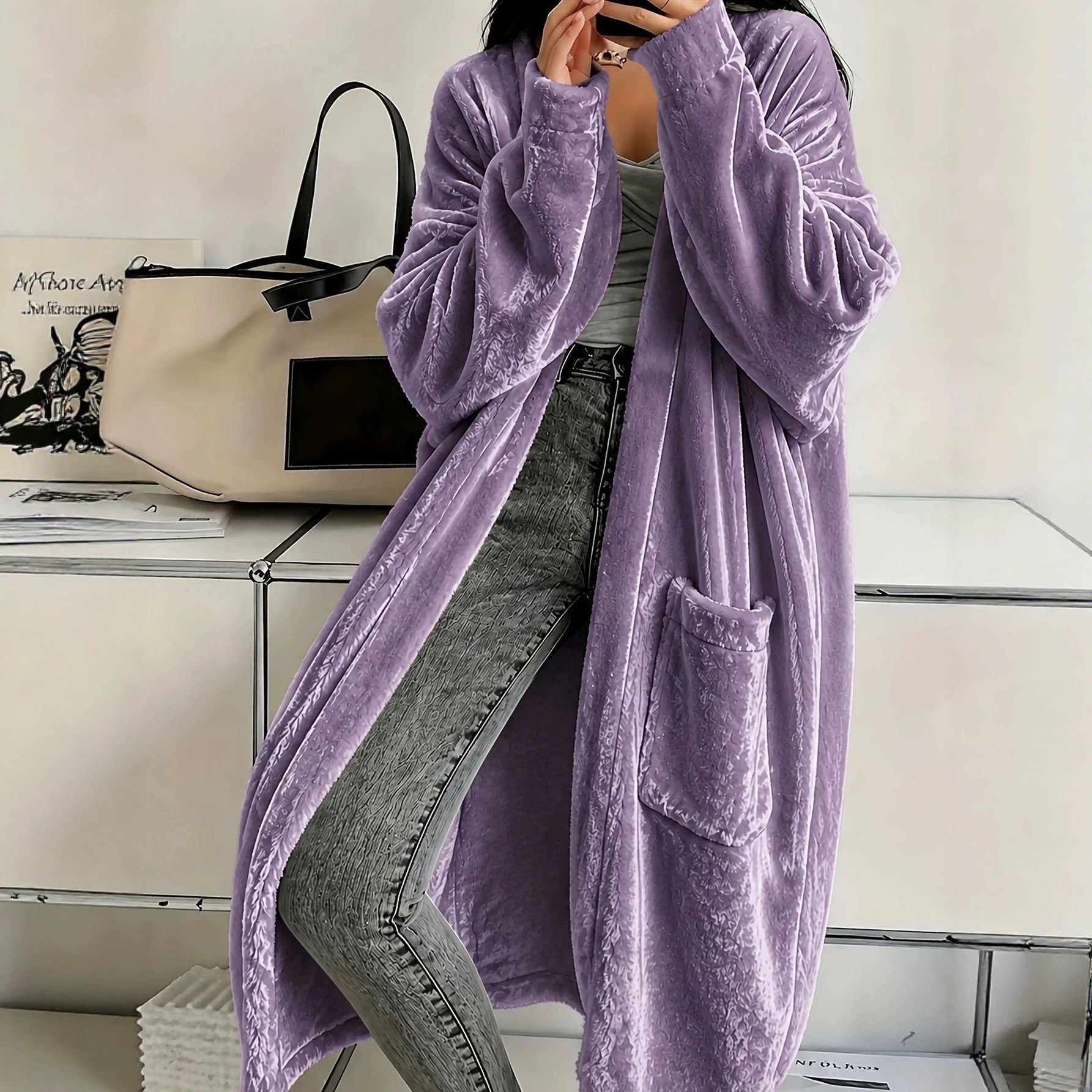 Annou Arrivée Automne & Hiver Velvet Femme Manches longues Mode Casual Cape Coat