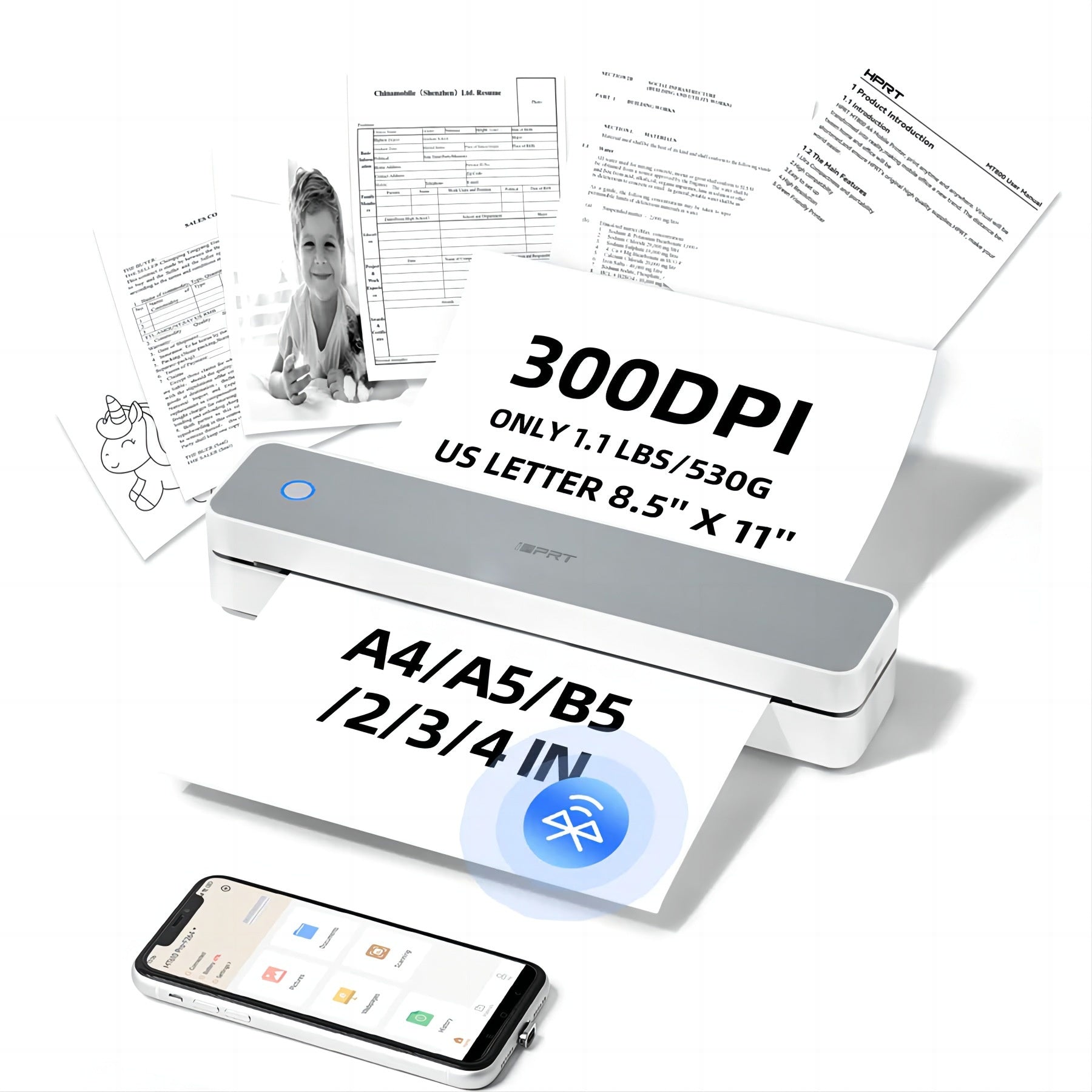 MT610 Imprimante thermique portable sans fil Bluetooth A4 pour documents maison et bureau
