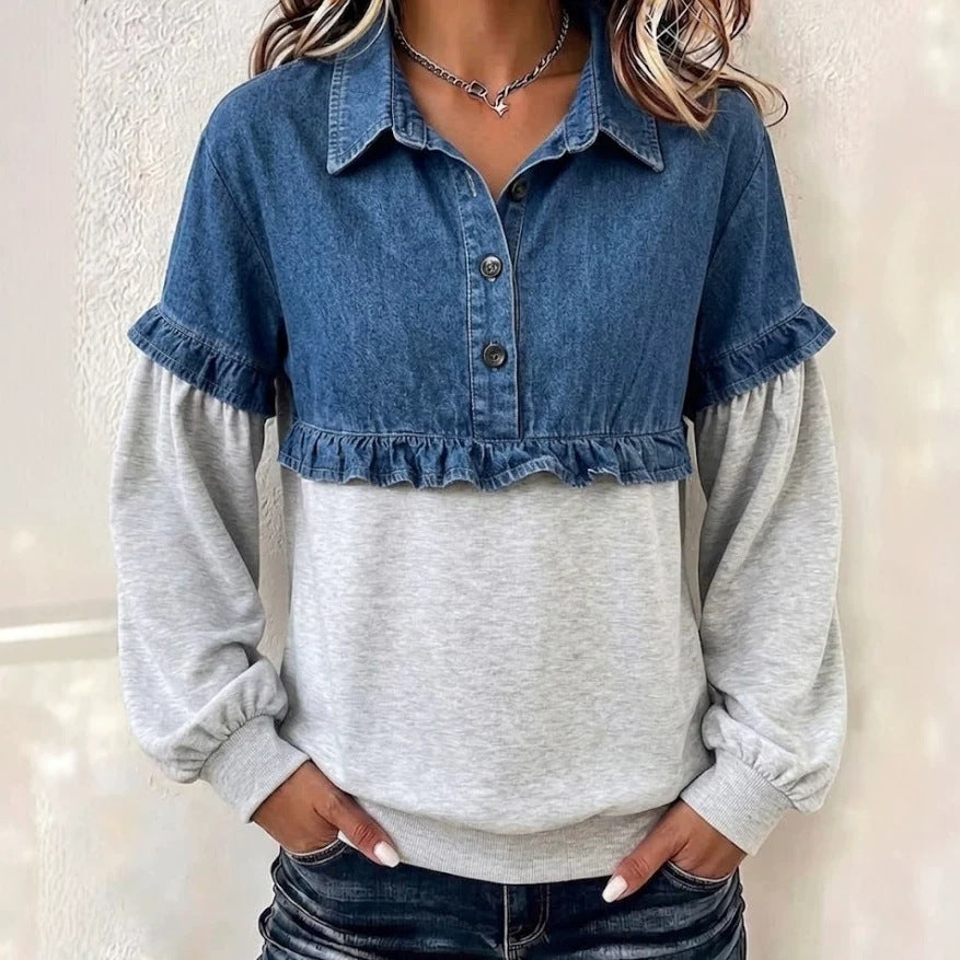 T-shirt denim-panel mode pour femmes