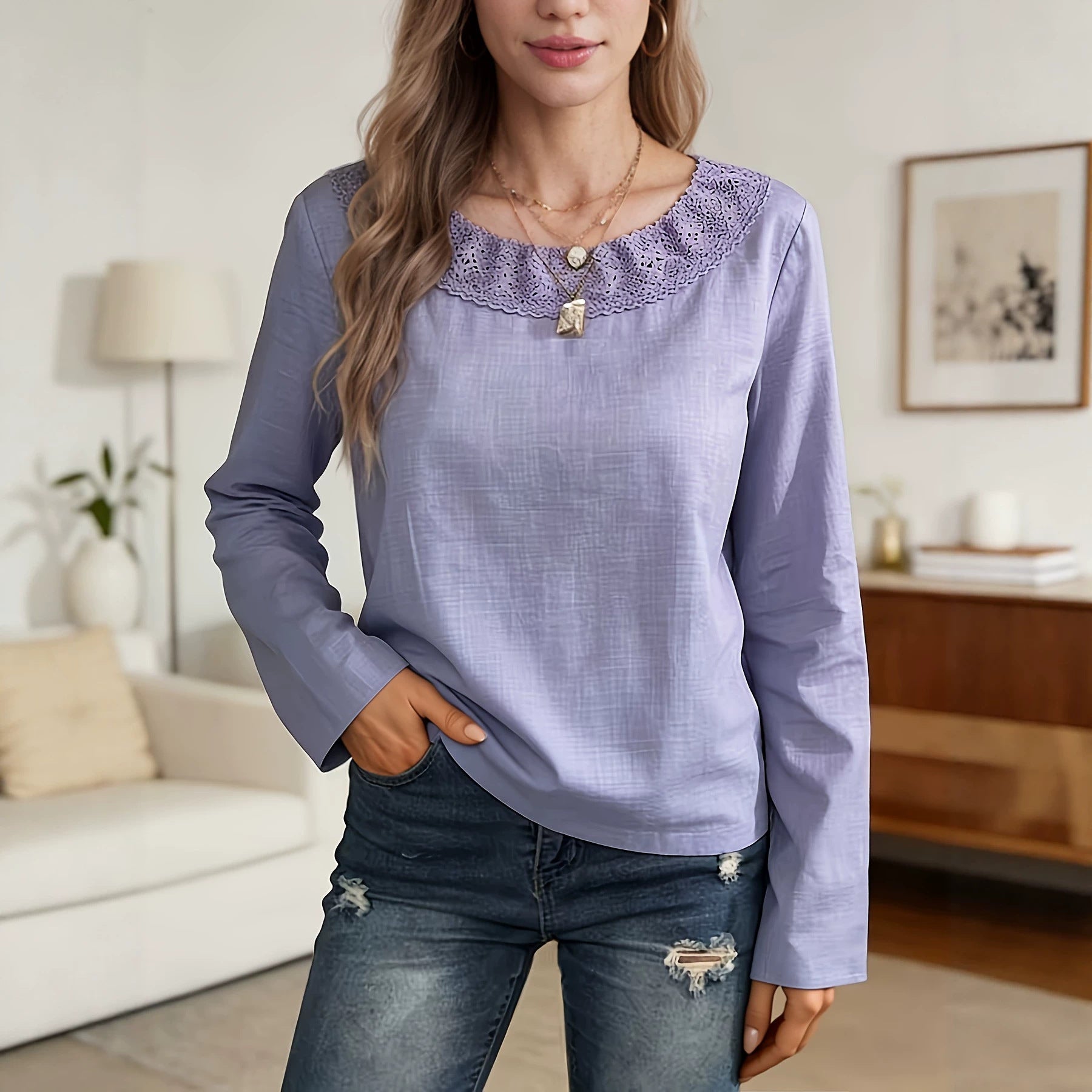 Lavande Vintage Lavande de style européen et américain Coupe Casual Col rond Manches longues Top