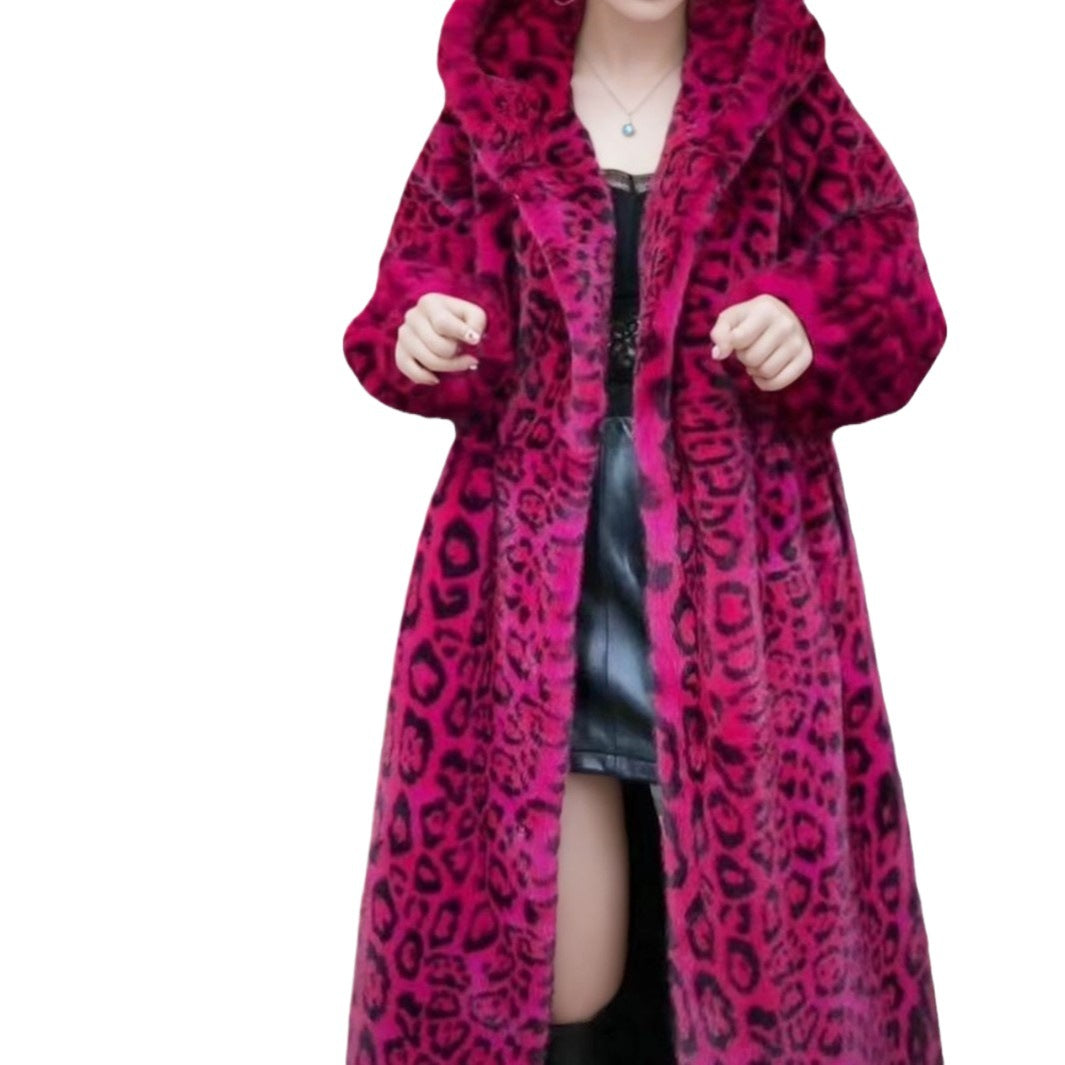 Leopard-print Longueur prolongée Sur-le-genre Faux Mink-fur Manteau