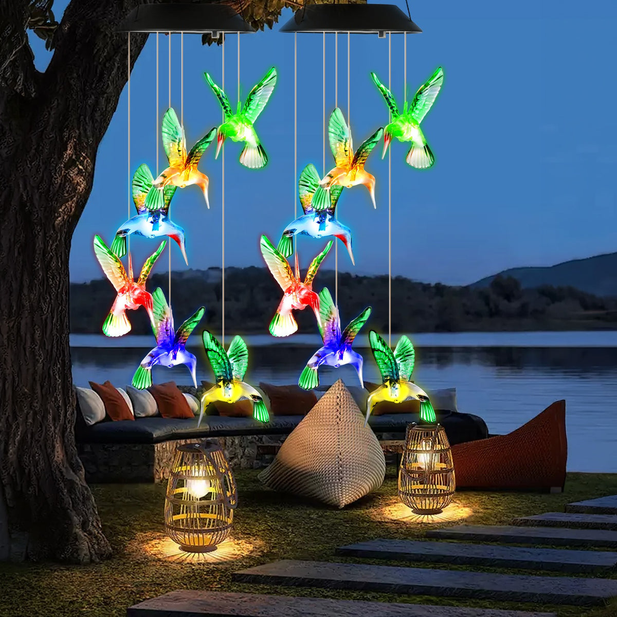 2Pcs Solar Hummingbird Wind Chime 7-Color Changing Wind Chime for Outdoor IPX4 Waterproof
