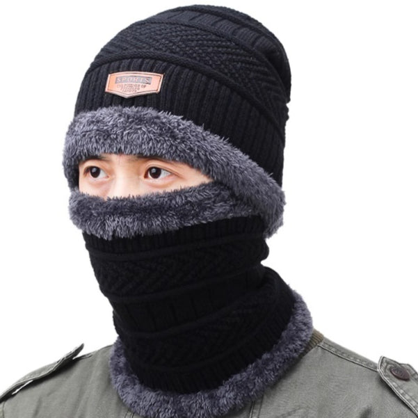 Chapeau d'hiver Protection de l'oreille chaude des hommes Chapeau tricoté en polaire Écharpe épaissée Ensemble de deux pièces