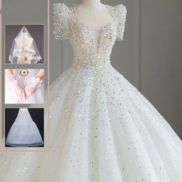 Main fil de mariée grande queue de trailing à grande princesse Texture senior petite sortie de portes Y
