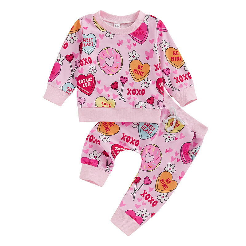 Bébé Tout-petit Love Floral Print Pantalon de pull à manches longues Ensemble deux pièces