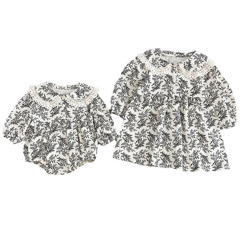 Bébé Floral Romper Robe à manches longues Ensemble sœur