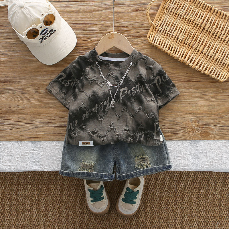 Boys Summer Outfit Stylish Denim Shorts Two-Piece Set