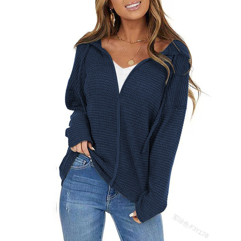 Femmes Waffle Knit Zip Up Hoodie Long Sleeve Drawstring Loose Casual Sweatshirt à capuche Jack