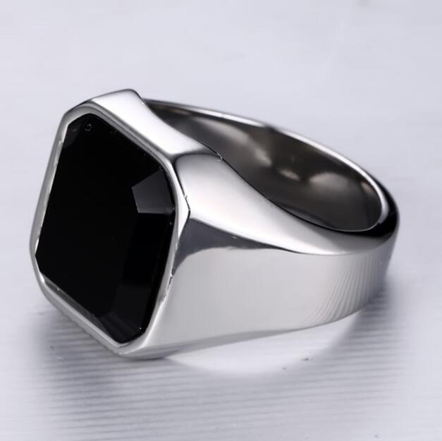 Bague agate noire en acier inoxydable pour homme
