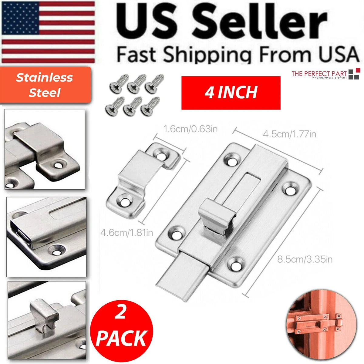 2Pcs en acier inoxydable Latch Sliding Silver Portes verrouiller porte sans clé pour les portes