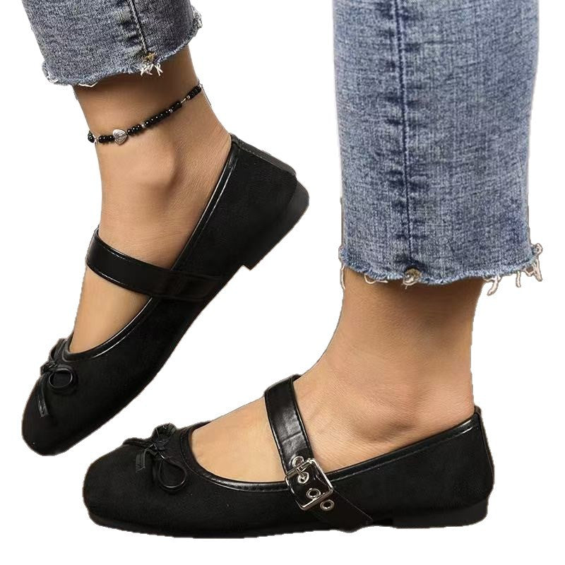 Chaussures plates de style français à gros orteil carré avec une Bow Detail