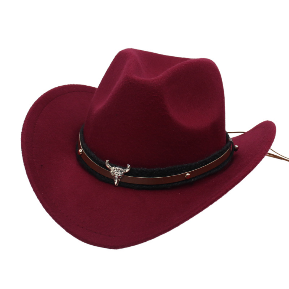 Chapeau américain rétro Western Cowboy - Silver Bull Head Large Brim Felt Chapeau tricoté