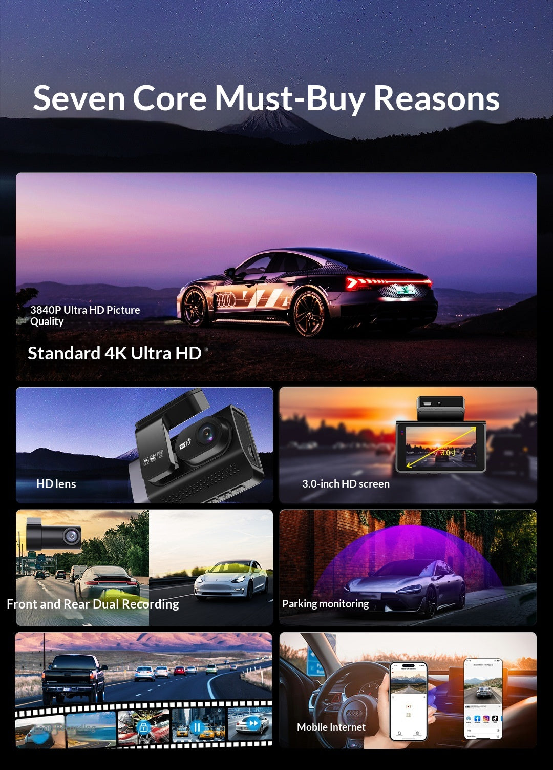 Voiture haute définition 4K avant et arrière double enregistrement dans le véhicule Dashcam