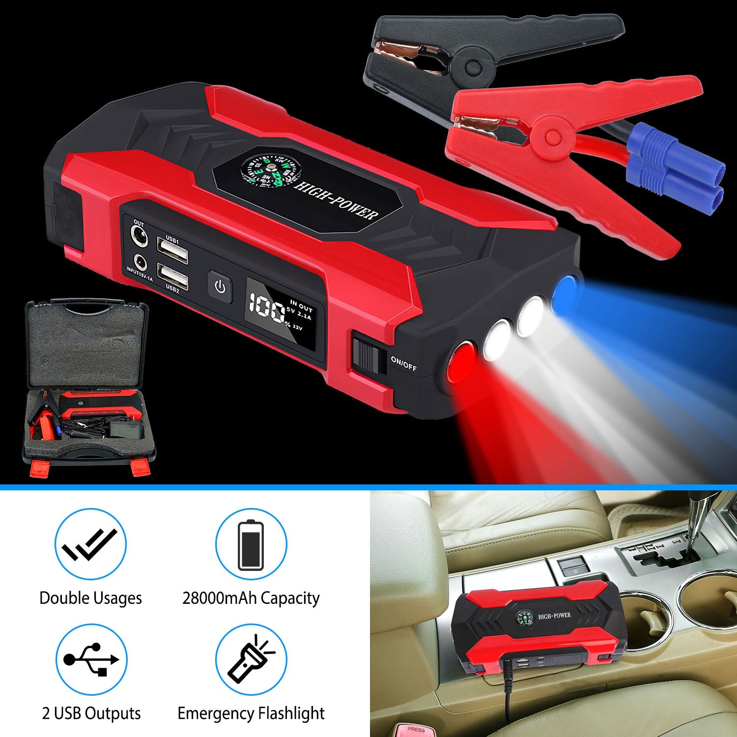 Auto Jump Starter Booster 800A Peak 28000mAh 12V Chargeur de batterie jusqu'à 6,0L Gaz ou 3,0L Die