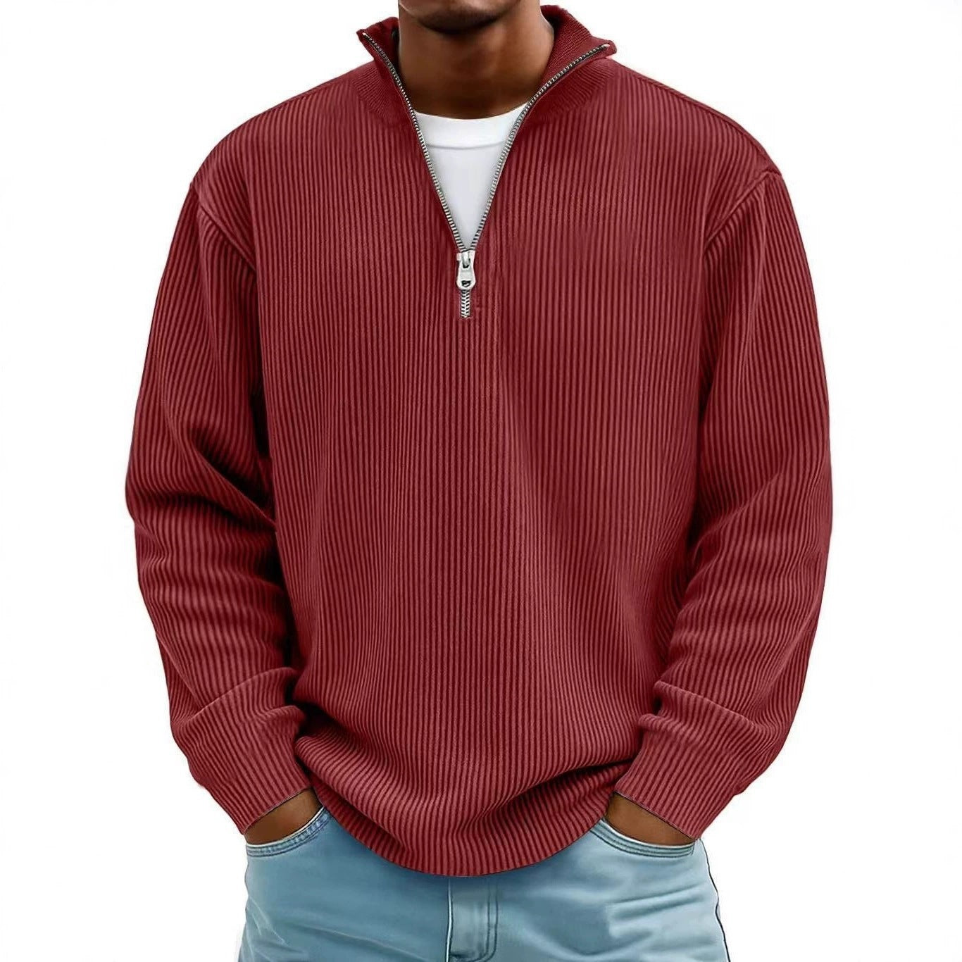 Amazon Arrivée Automne Hommes Casual Top Stand Collared Corduroy Longue Manches Hommes Polo Shir