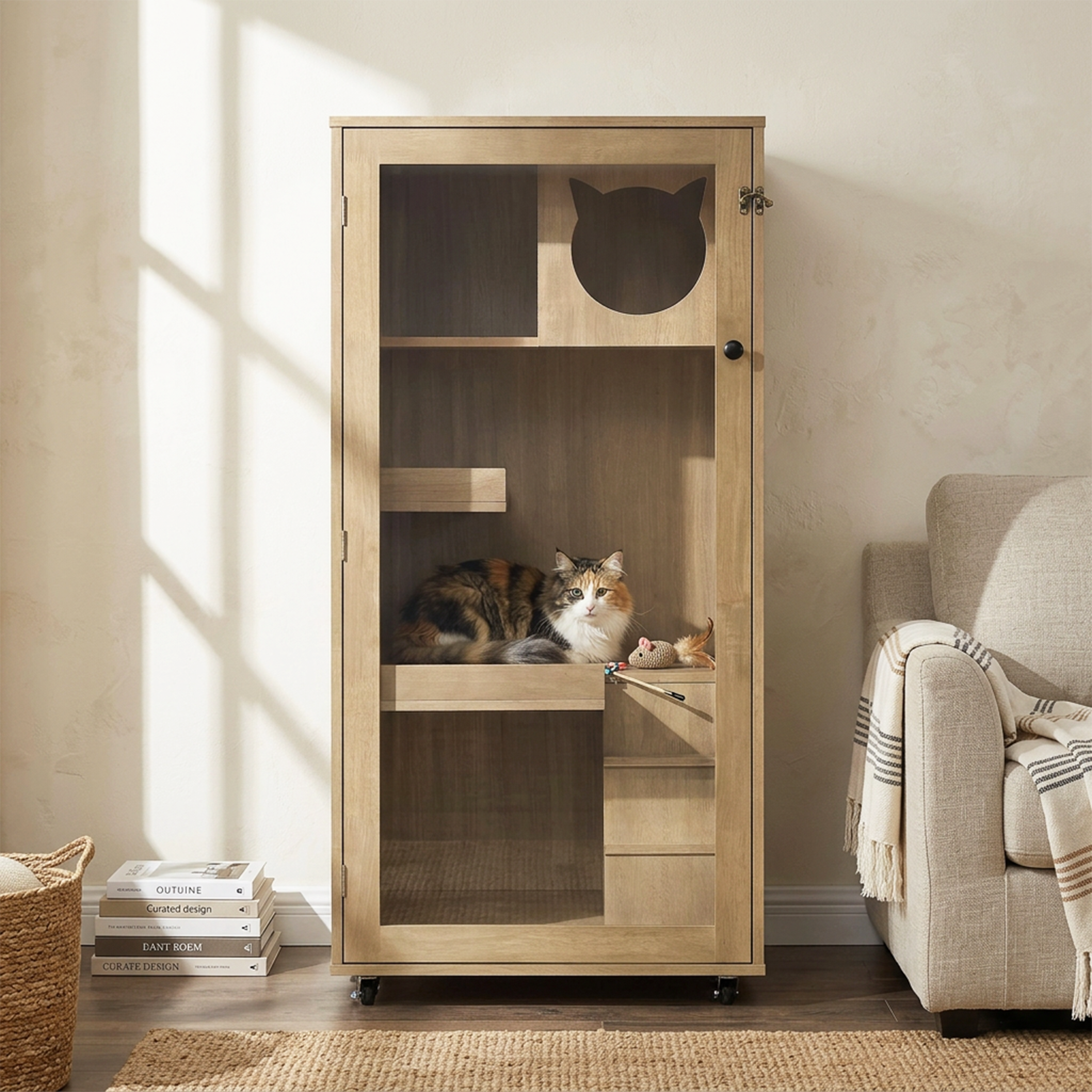Armoire de chat en bois de caoutchouc Basia avec roues