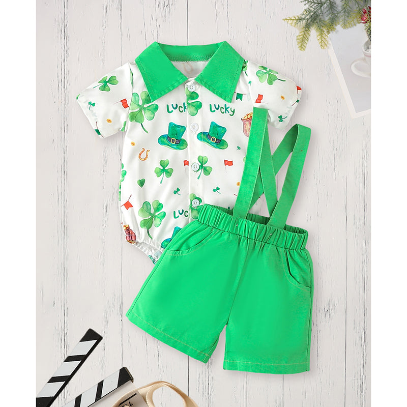 Bébé garçon nouveau-né St. Patrick vêtements manches courtes Clover Imprimer Romper & Suspenders P
