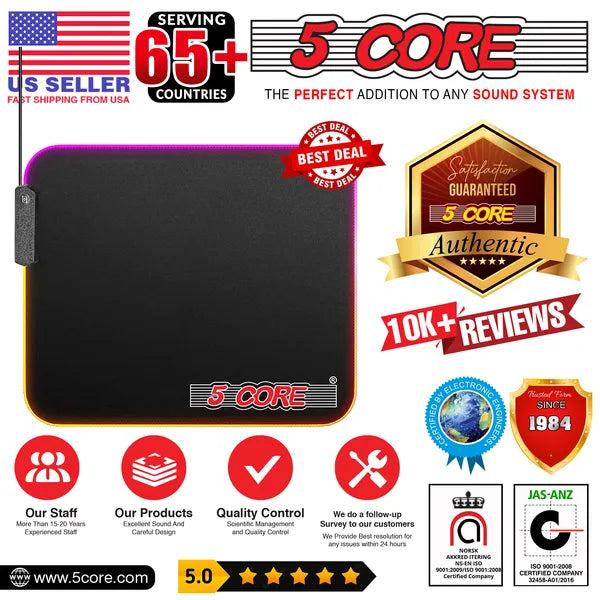 5 Core RGB Mouse Pad 12 Light Modes 2-Zone Desk Mouse Mat with Rubber Base